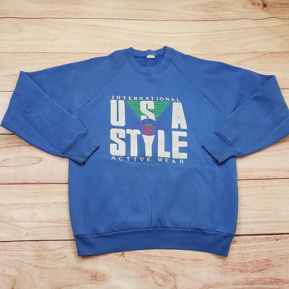 VINTAGE USA Style Sweatshirt Mens Large Blue Crewneck Graphic Pullover 90s‎